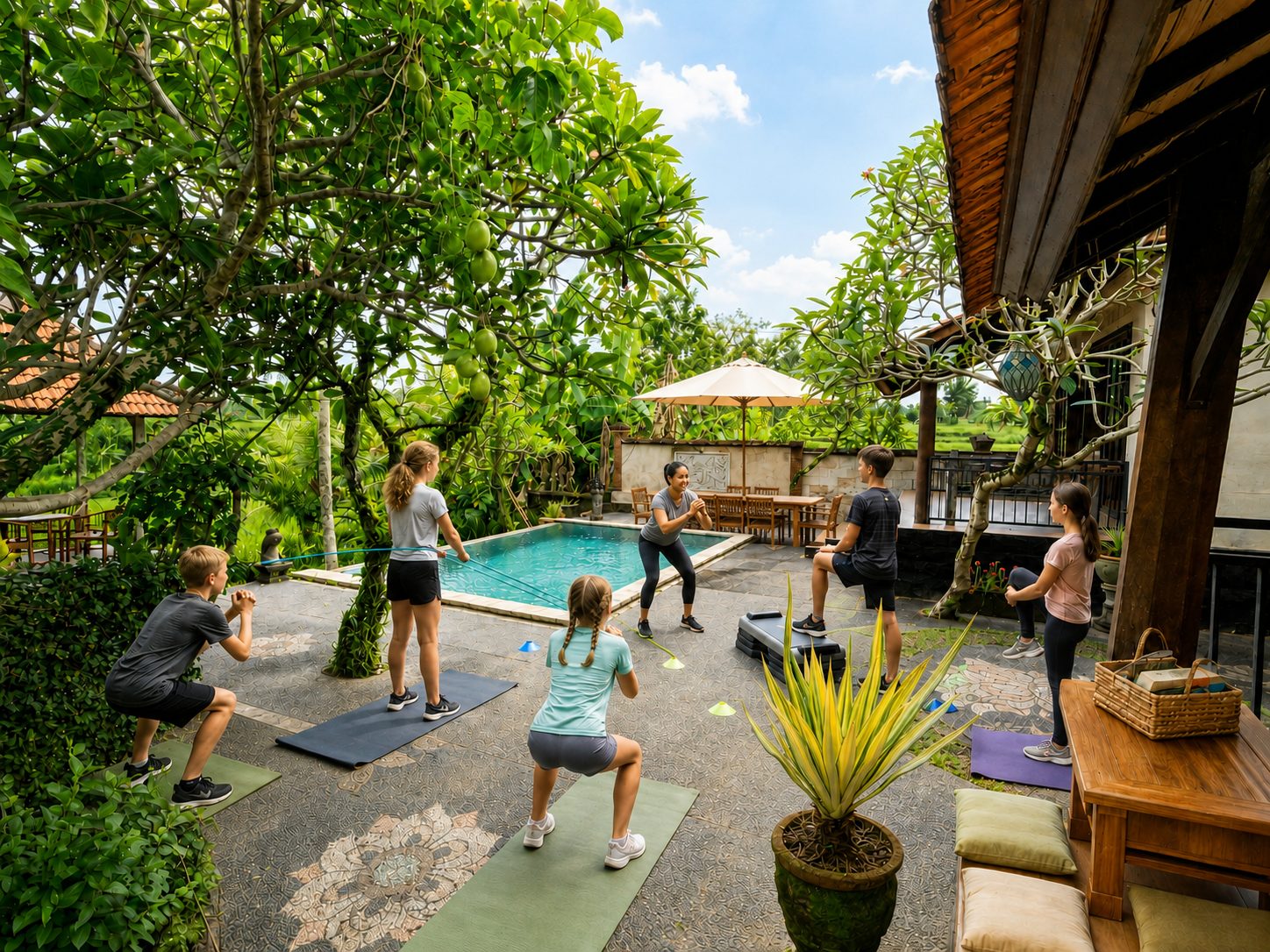 Outdoor movement and training session beside the pool at Winta's Place, Ubud, Bali