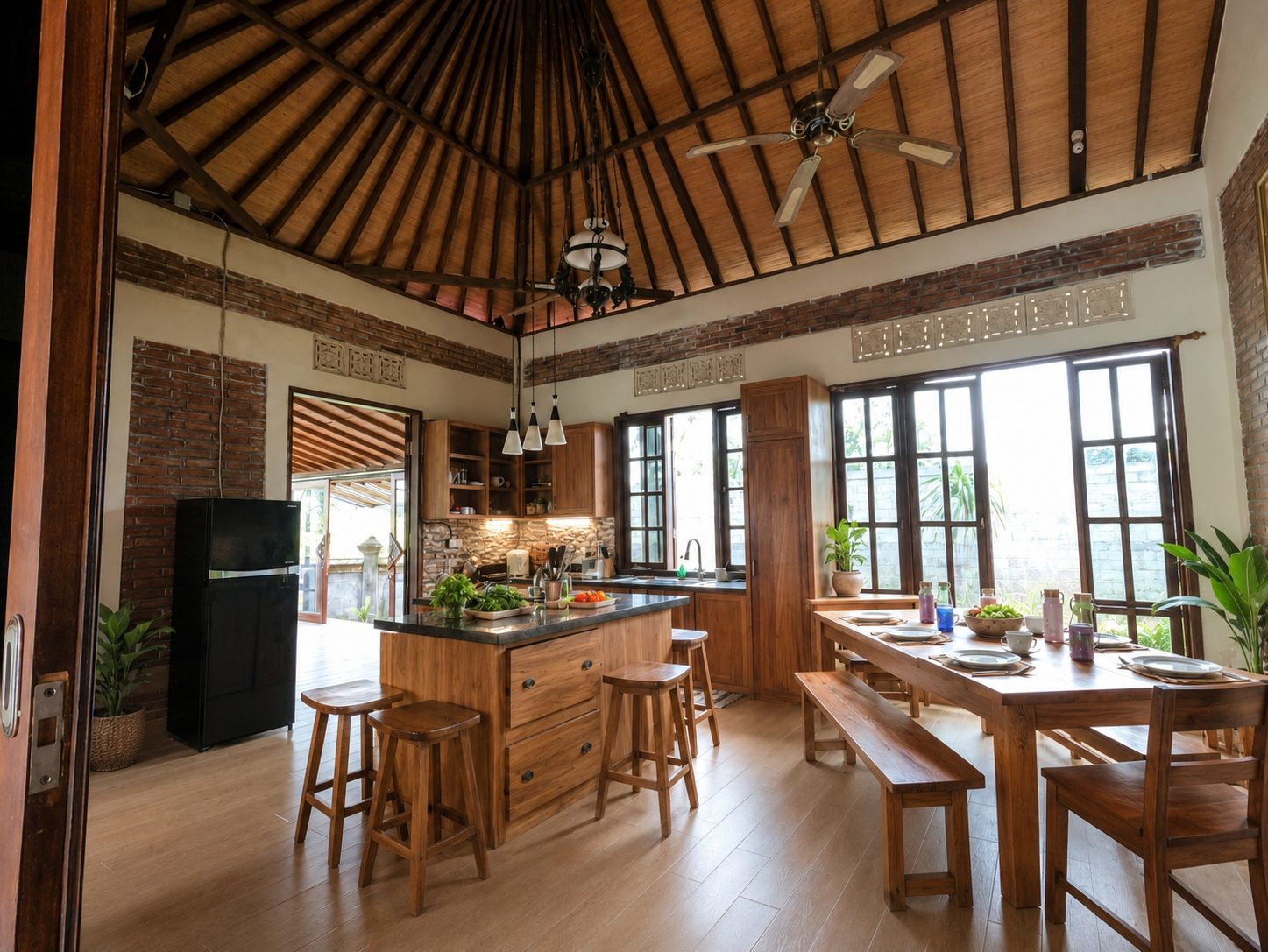 Large shared dining table in the kitchen at Winta's Place, Ubud, Bali