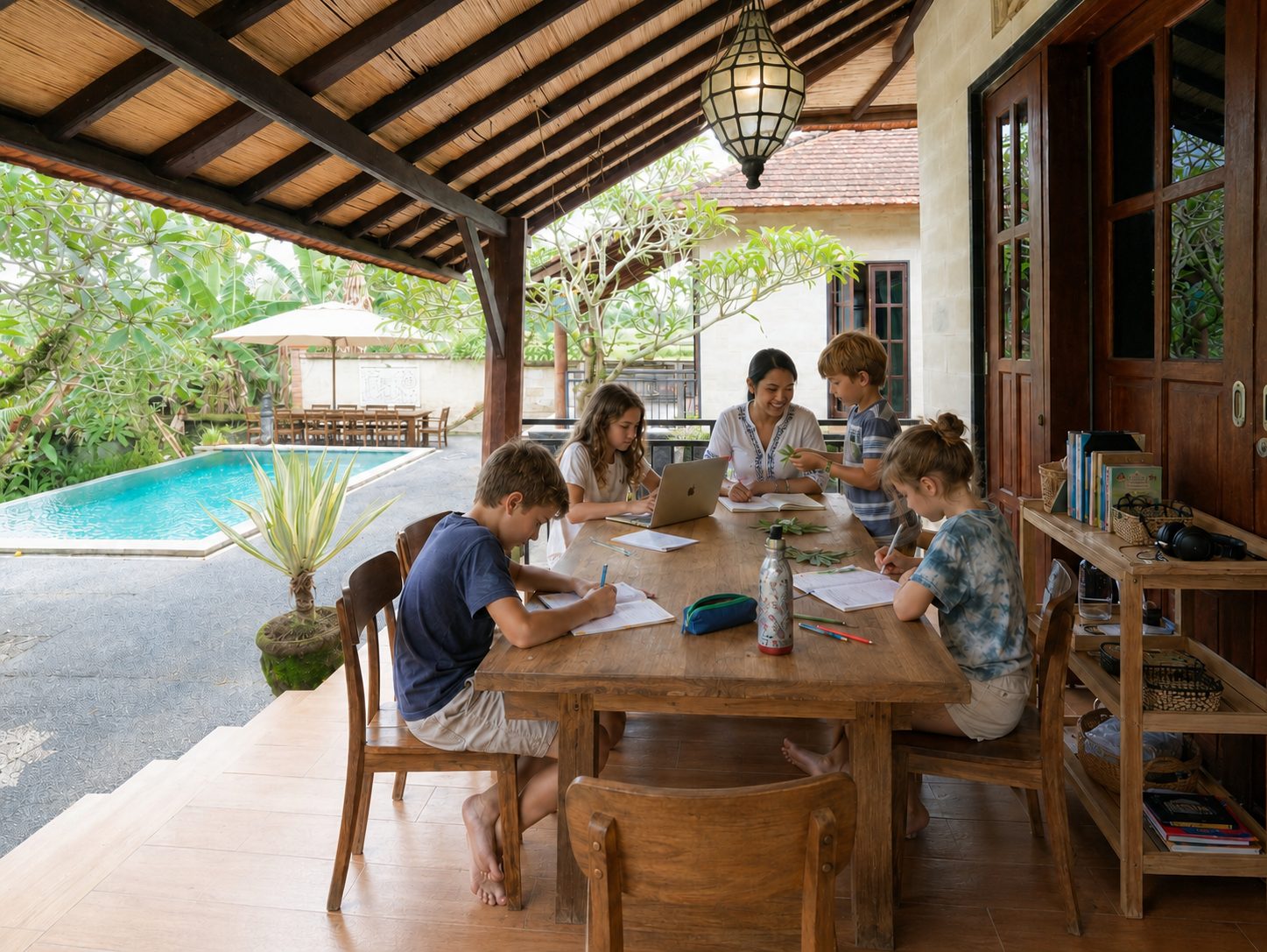 Children and teenagers learning together in a relaxed open-air space at Winta's Place in Ubud, Bali
