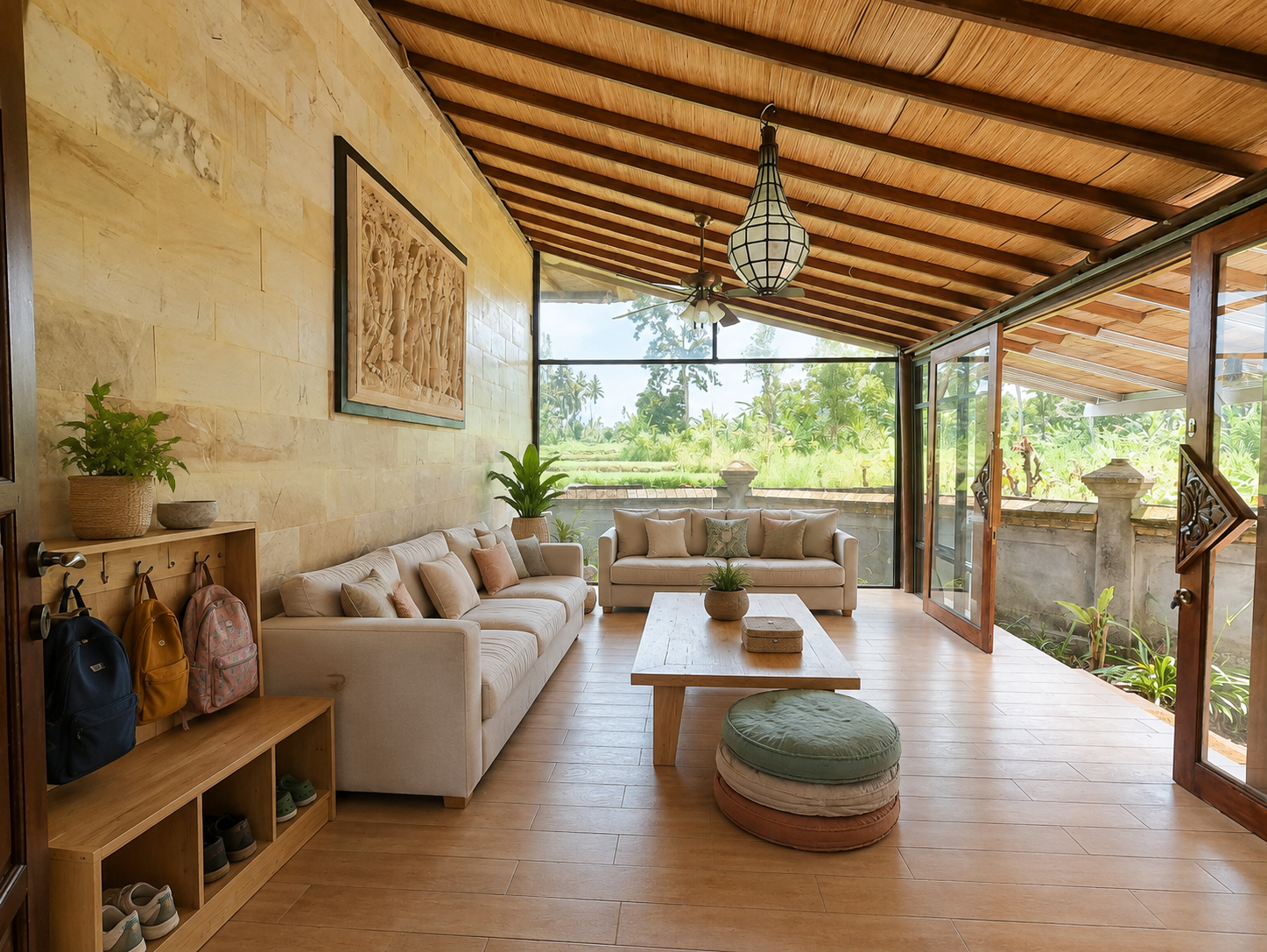 Welcome room with sofas, bag hooks and rice field views at Winta's Place, Ubud
