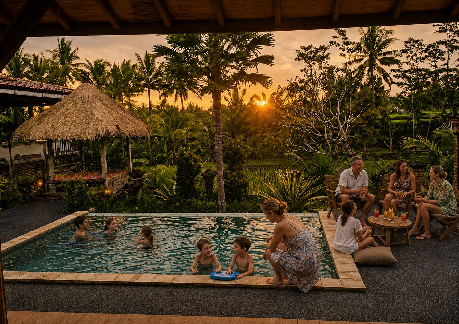 Friday afternoon family gathering in the backyard by the pool at Winta's Place, Ubud