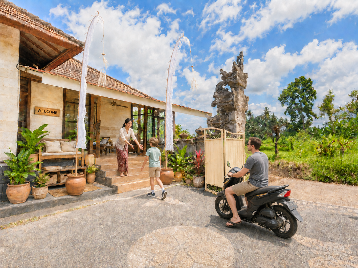 Family arriving at the welcome porch at Winta's Place school in Ubud, Bali