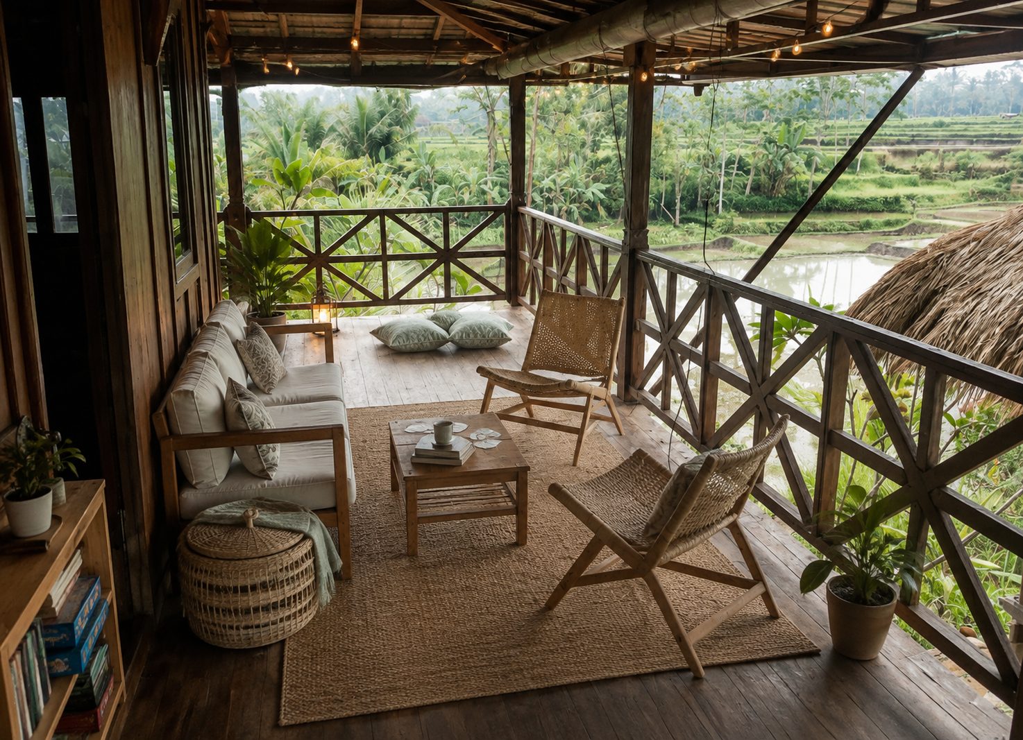 Upstairs joglo pavilion with open views over the Ubud rice fields, Bali