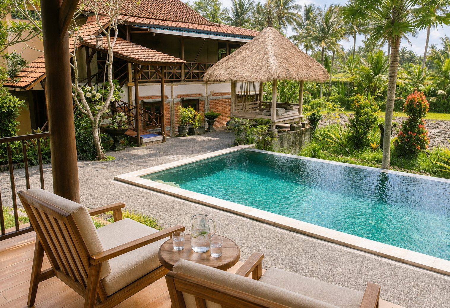 Green view across the grounds towards the joglo pavilion at Winta's Place, Ubud