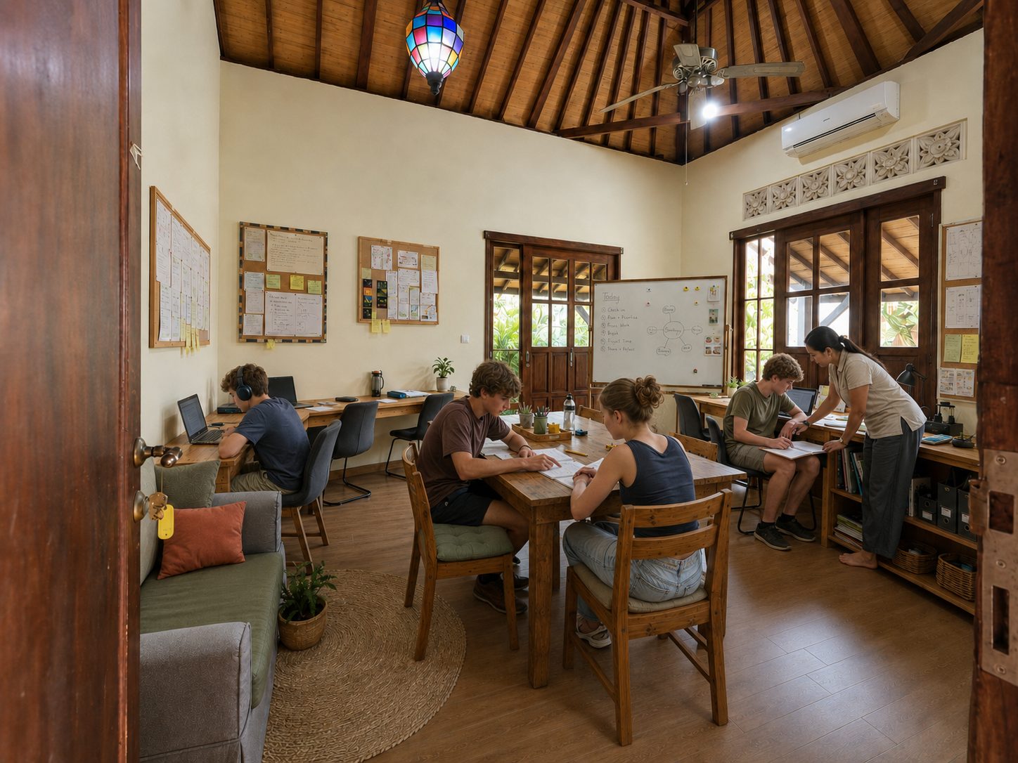 Teenagers working together in a classroom at Winta's Place, Ubud, Bali