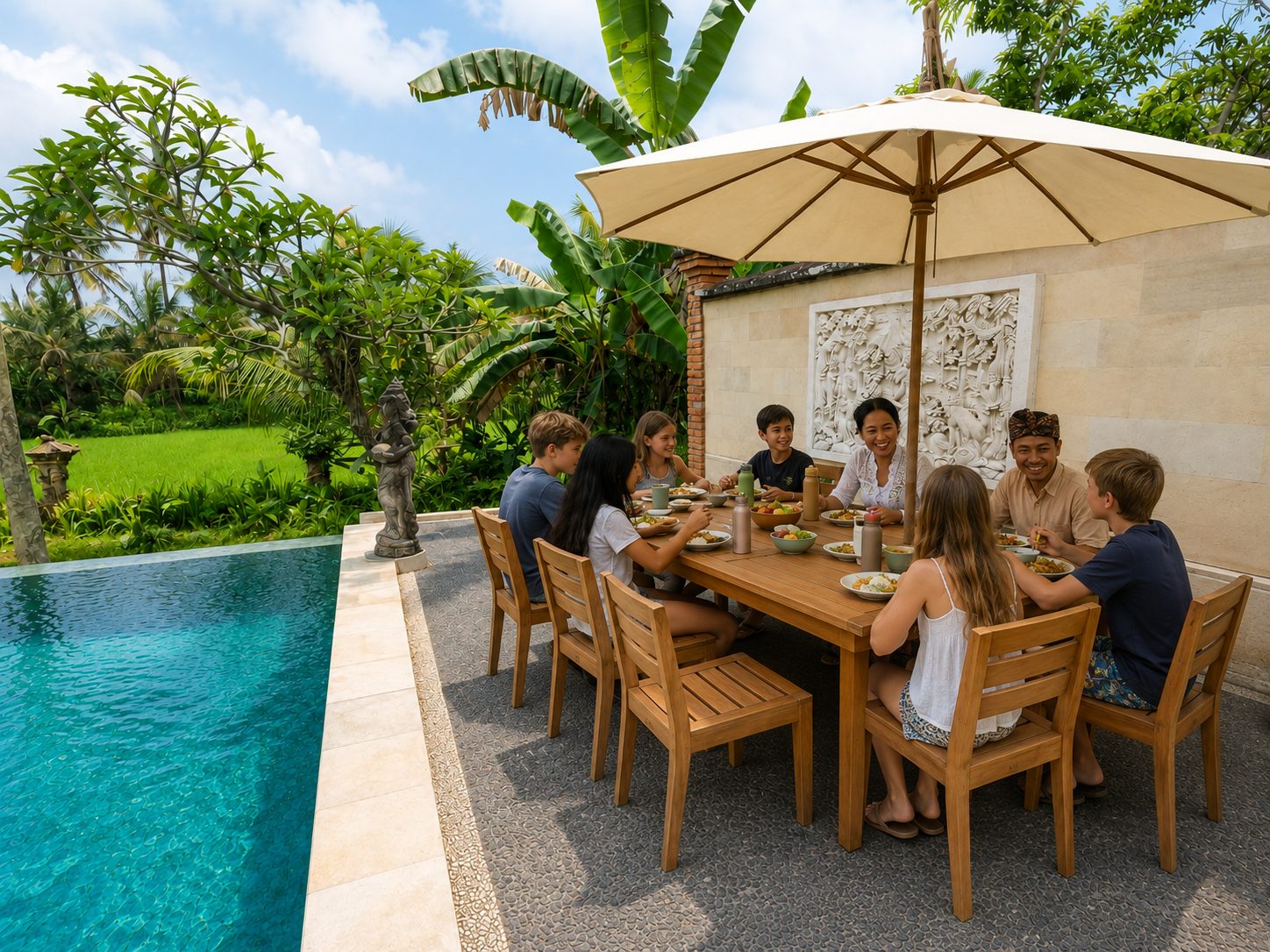 Students eating lunch outdoors beside the pool at Winta's Place, Ubud, Bali