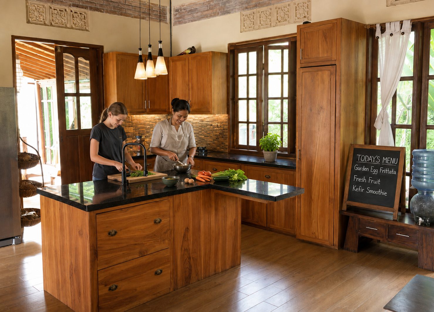 Students and staff cooking together in the kitchen at Winta's Place, Ubud, Bali