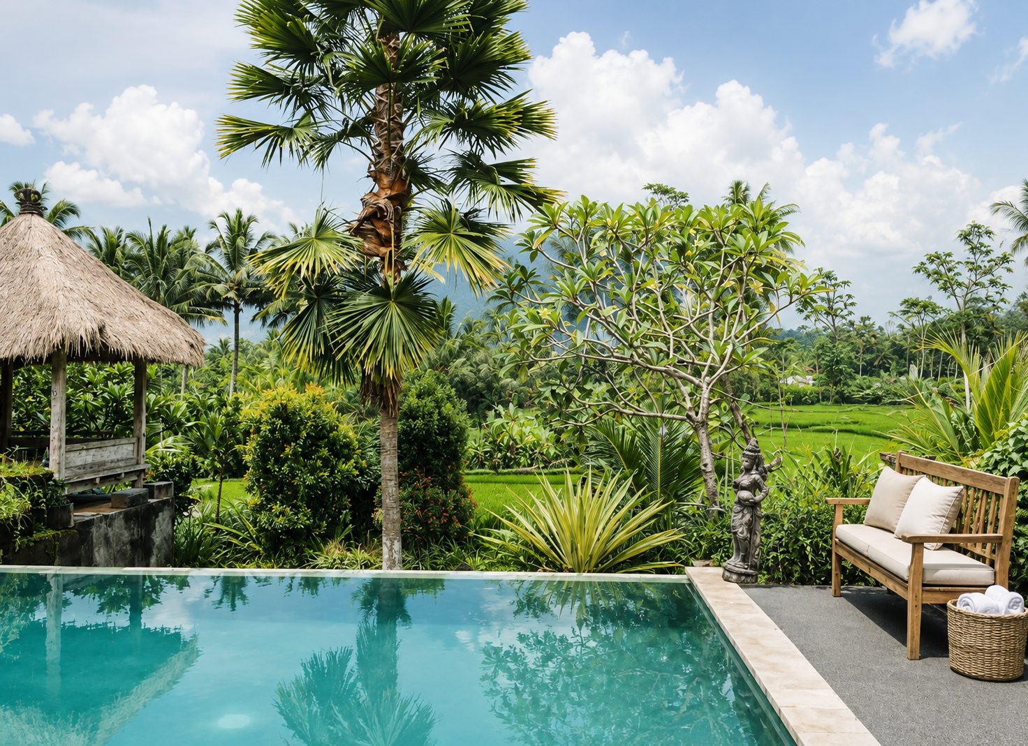 Pool looking out across the rice fields at Winta's Place, Ubud, Bali