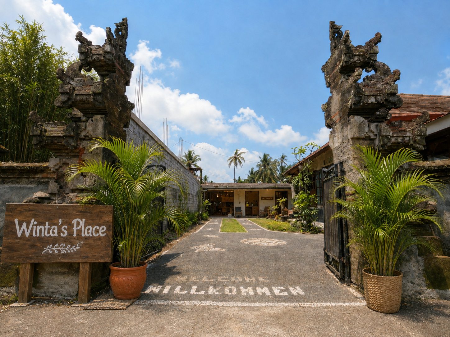 Quiet tree-lined village lane leading to Winta's Place in Ubud, Bali