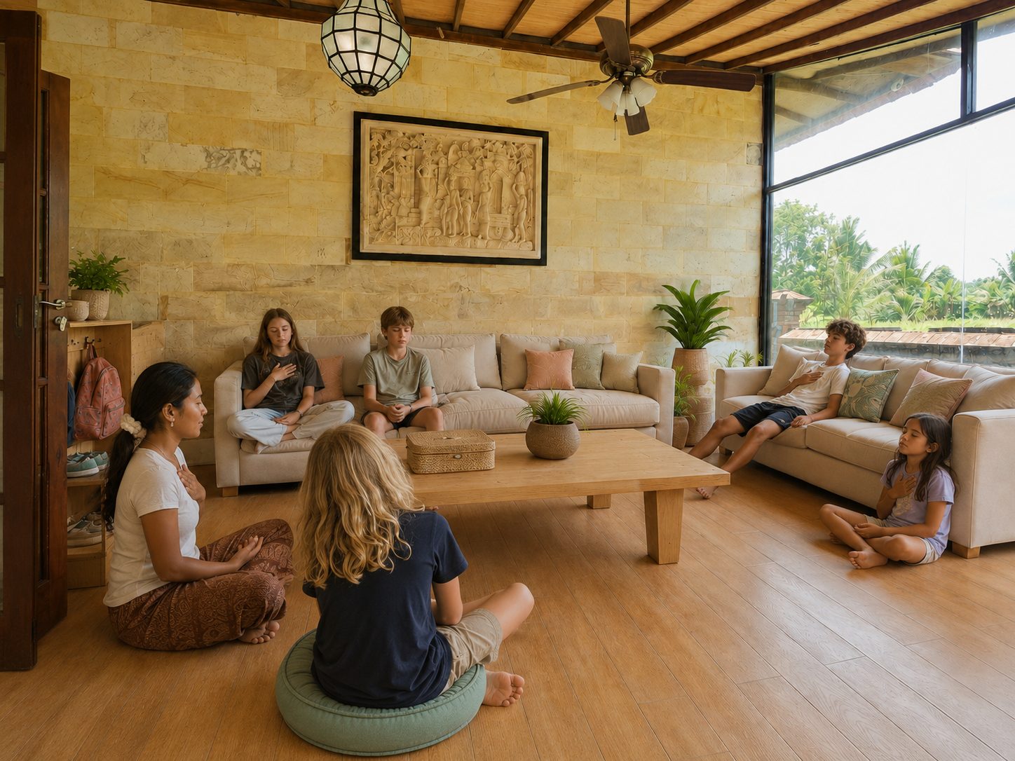Students in a meditation and mindfulness class in the front room at Winta's Place, Ubud