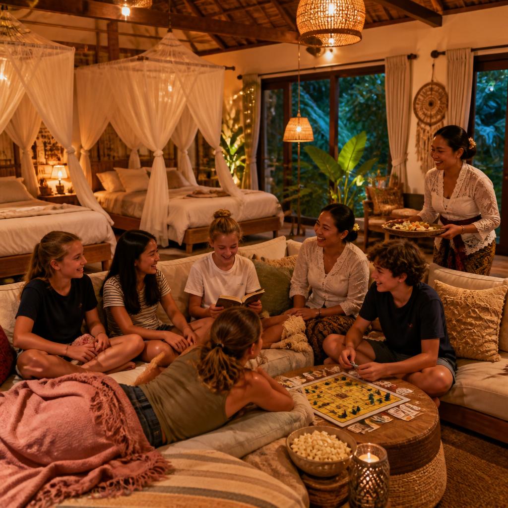 Children on a weekend respite sleepover at Winta's Place villa — neurodiverse family respite care in Ubud, Bali.