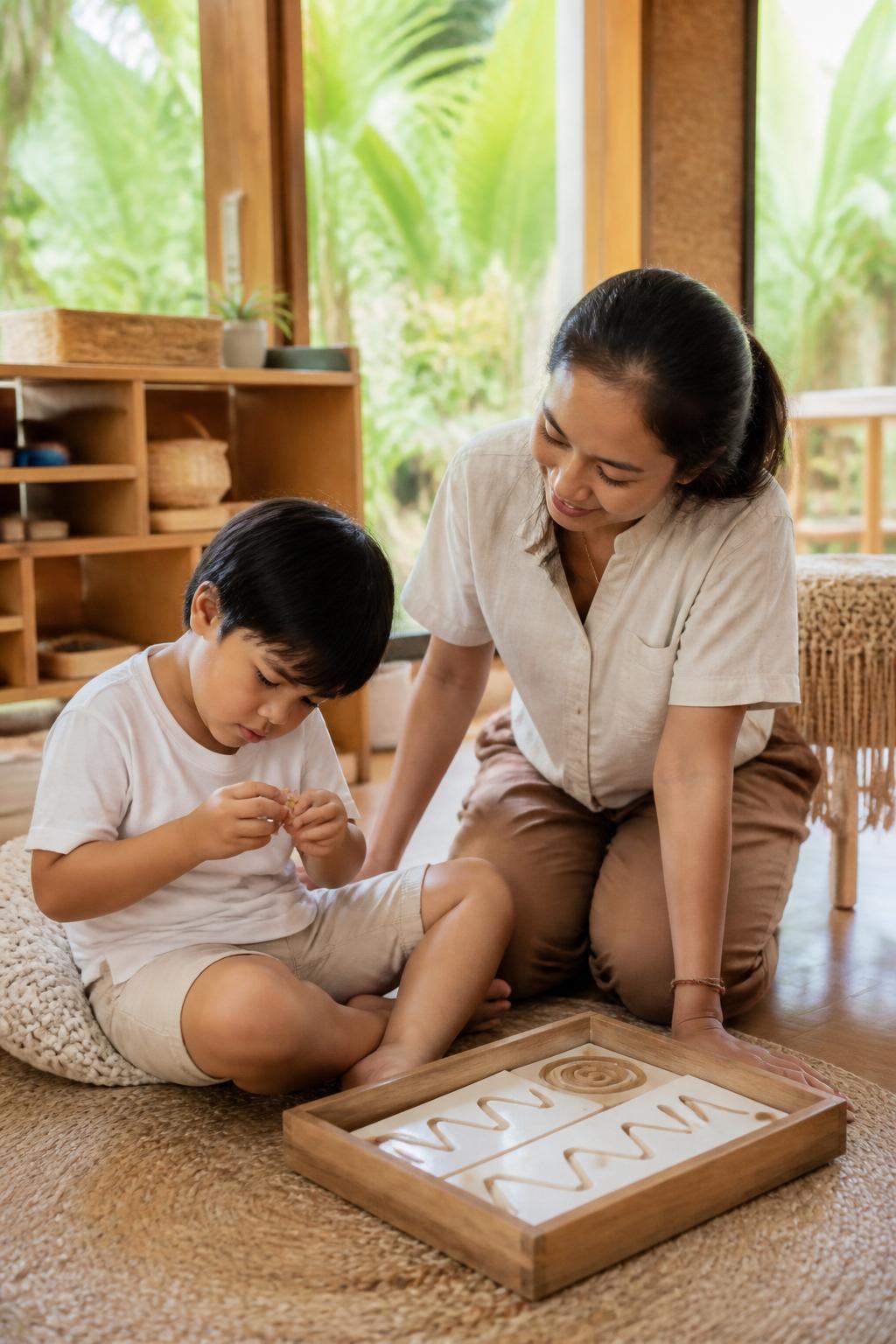A teacher working one-to-one with a student at their own level at Winta's Place, Ubud