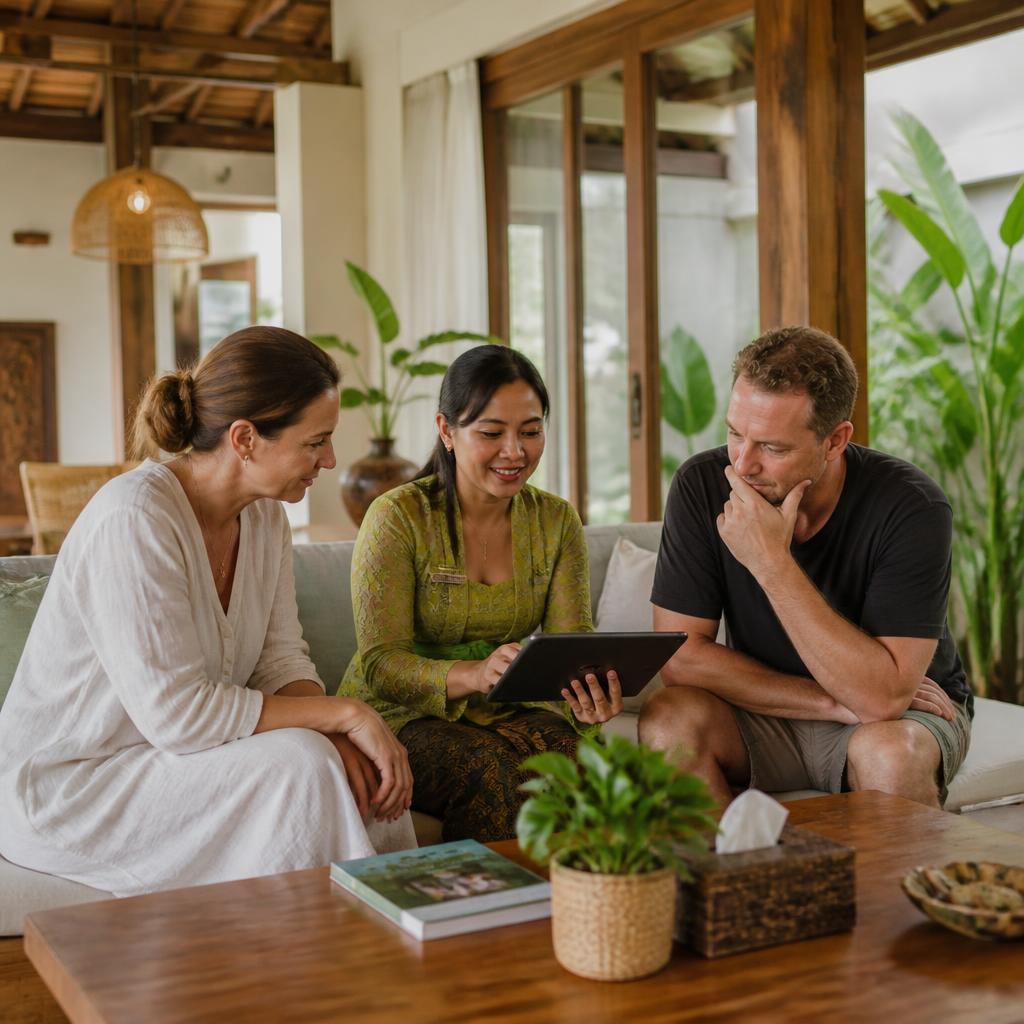 A teacher sitting with parents in a warm Bali villa, sharing a student's progress on a tablet