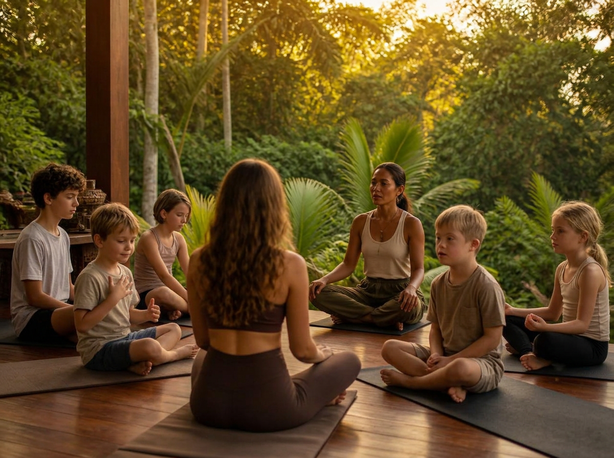 Neurodiverse teenagers practising yoga and mindfulness on a deck at the Winta's Place January Health & Happiness Retreat in Ubud, Bali
