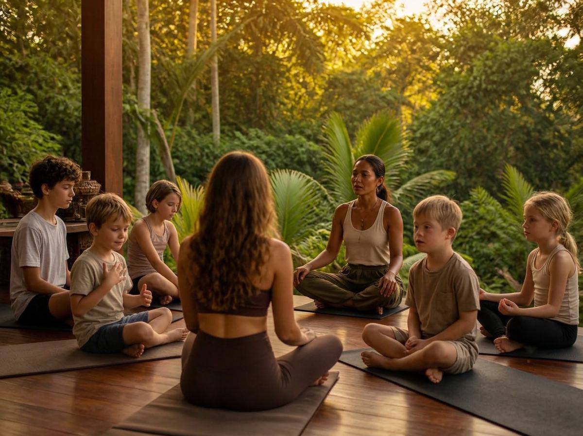 Neurodiverse teenagers practising yoga and mindfulness on a deck at the Winta's Place January Health & Happiness Retreat in Ubud, Bali