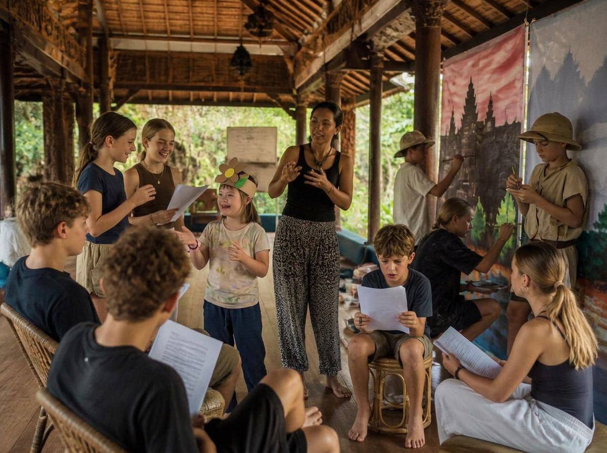 Neurodiverse teenagers rehearsing the July School Play Production at Winta's Place special education school in Ubud, Bali