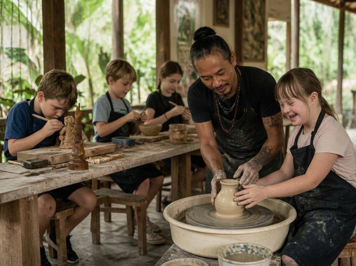 Teenagers learning pottery and craft from local Indonesian professionals during Winta's Place Professions & Community Week in Ubud, Bali