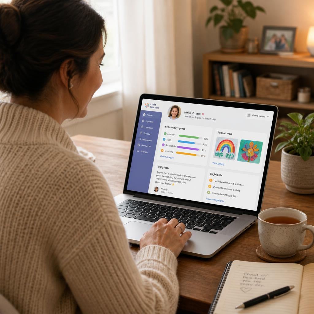 A parent smiling as she looks at her child's school progress app on a laptop at home