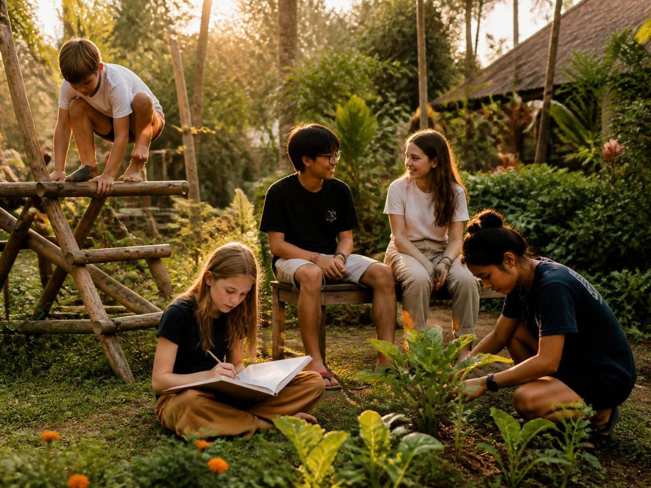 Children and teens exploring a Bali garden during before and after school care at Winta's Place, Ubud