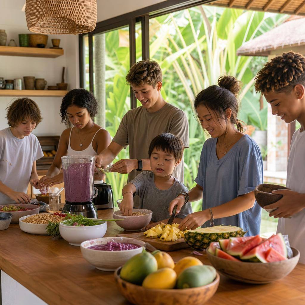 Teenagers preparing a healthy breakfast together at the Winta's Place before-school club in Ubud, Bali