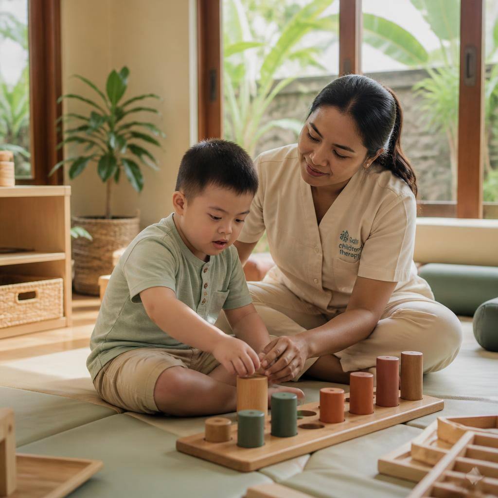 An occupational therapist working alongside a student at Winta's Place, Ubud, Bali