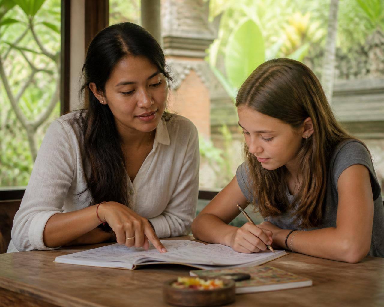 A teacher working one-to-one with a teenage student at a wooden table in a calm Ubud setting
